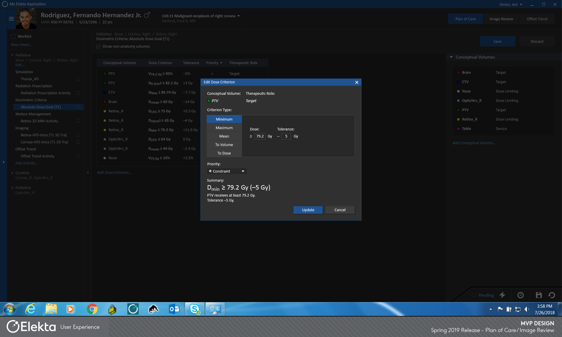Plan of Dosimetric criteria screen showing a popup with dosage details.