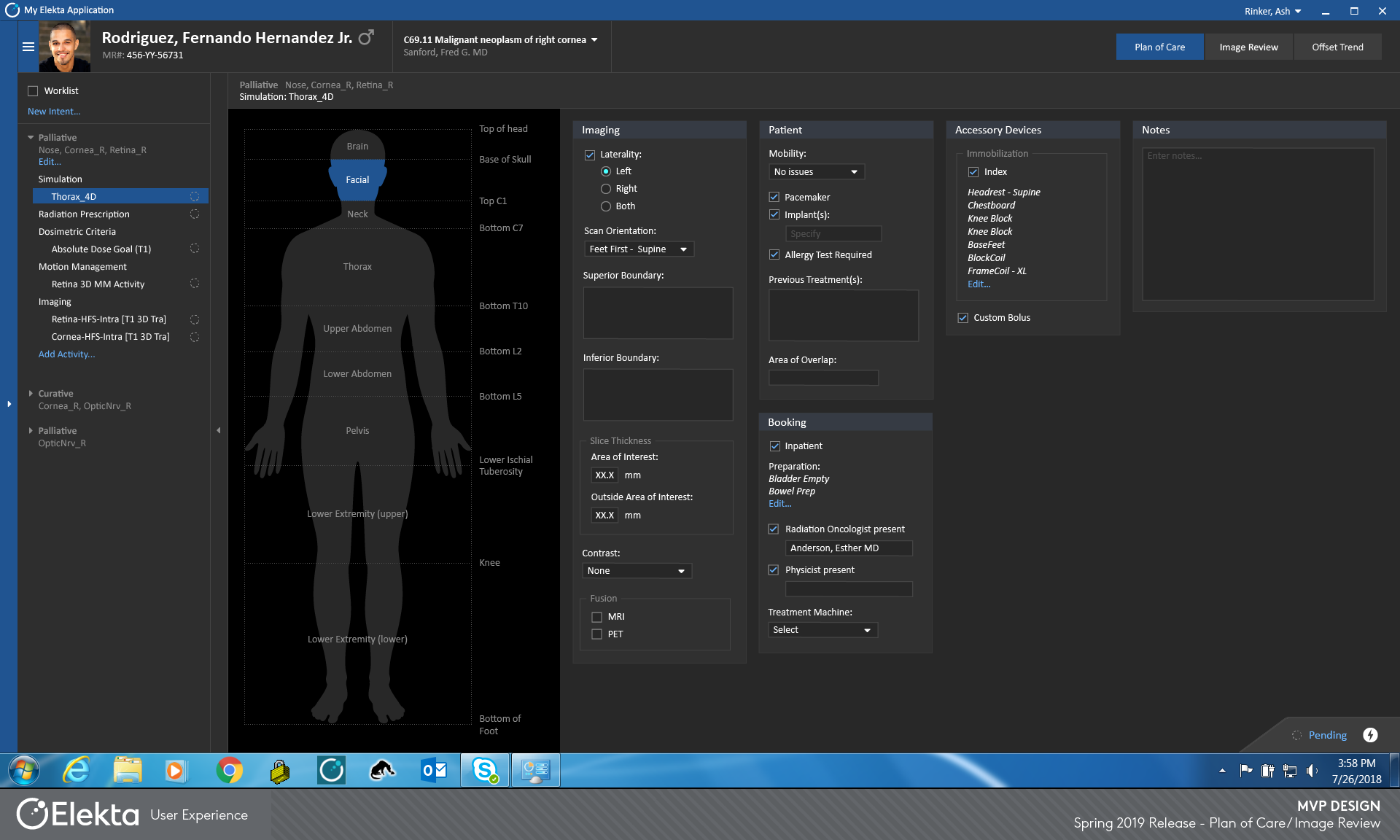 Screen shot of MOSAIQ 3 Care Planner, showing setup parameters for treatment simulation imaging.