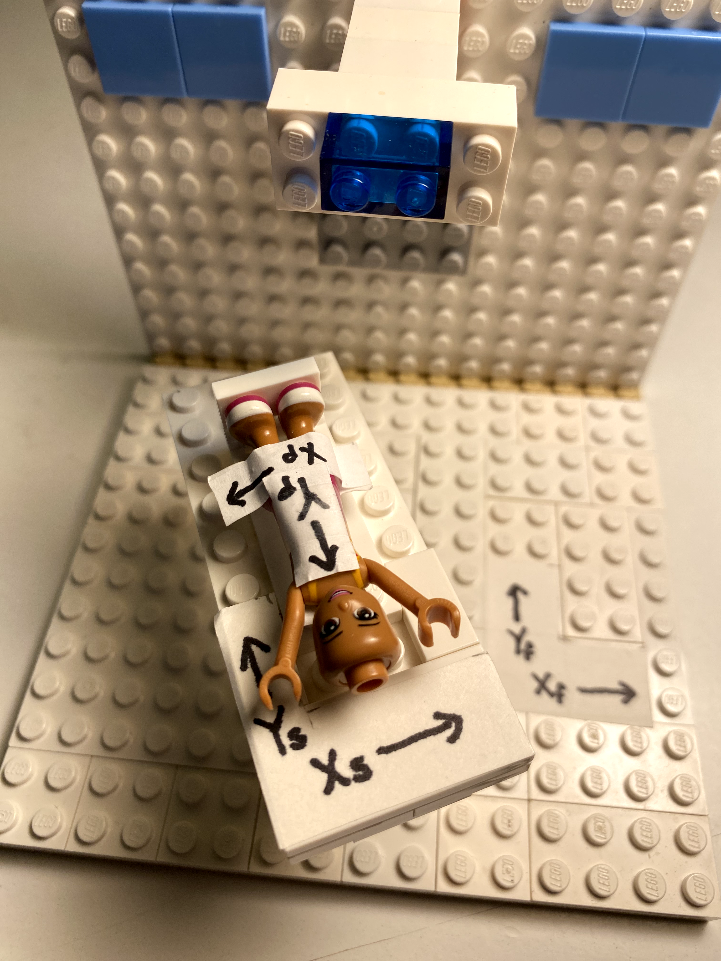 A lego model of a radiotherapy treament room indicating three sets of coordinate systems.