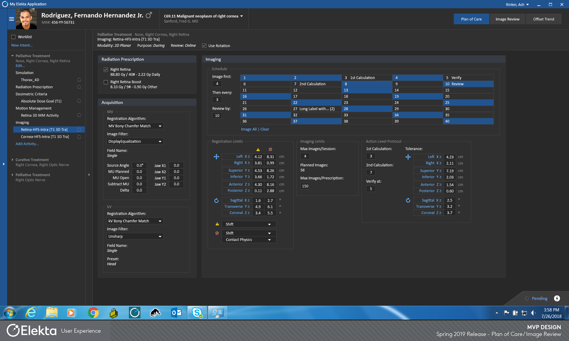 Plan of imaging screen showing a scheduling calendar and imaging attributes.
