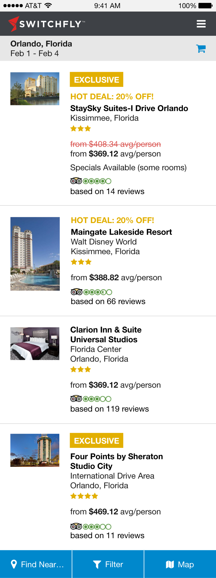 Mobile hotel booking screen with multiple lodging selections