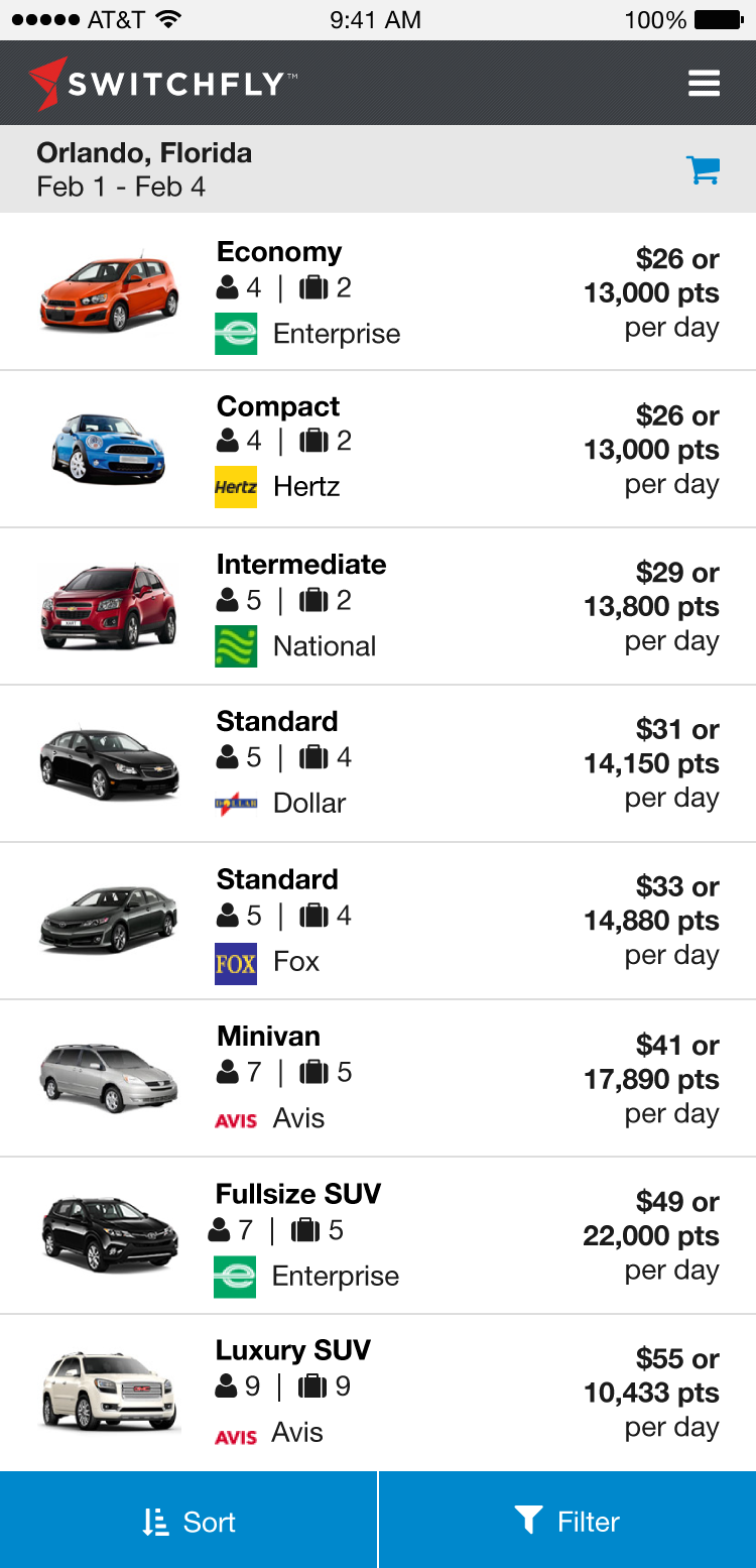 Mobile car rental screen with multiple automobile selections