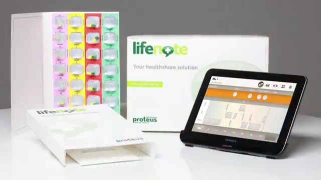 Product image of Lloyds Lifenote including tablet software interface and ingestible-sensor medications.